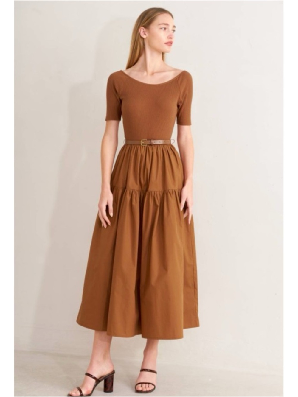 Women's Brown Ribbed Top & Tiered Skirt Dress